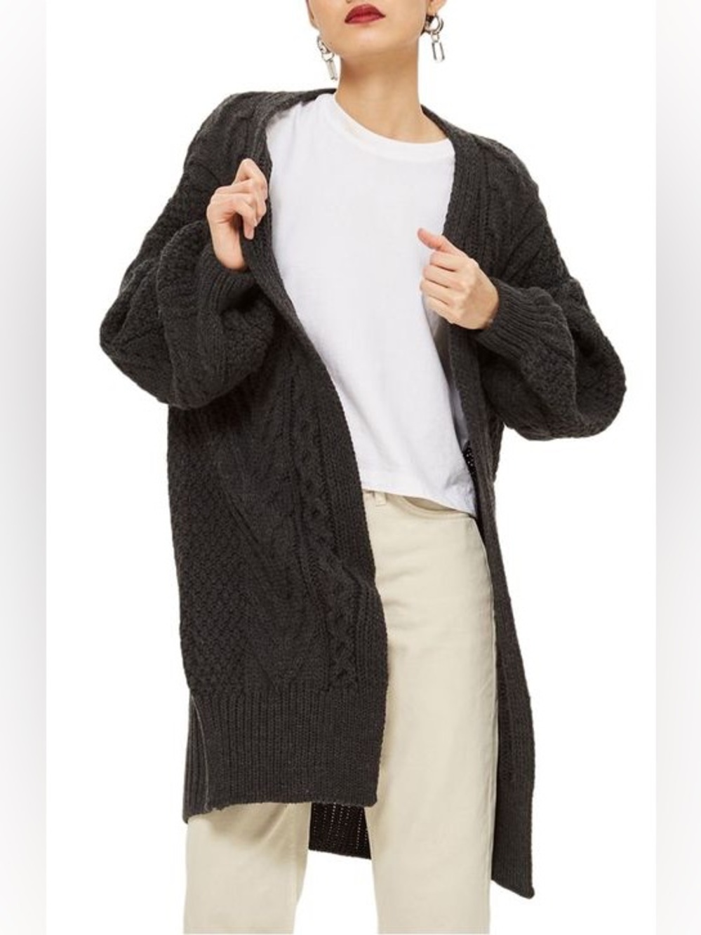 Topshop Dark Charcoal Cable Knit Open Cardigan